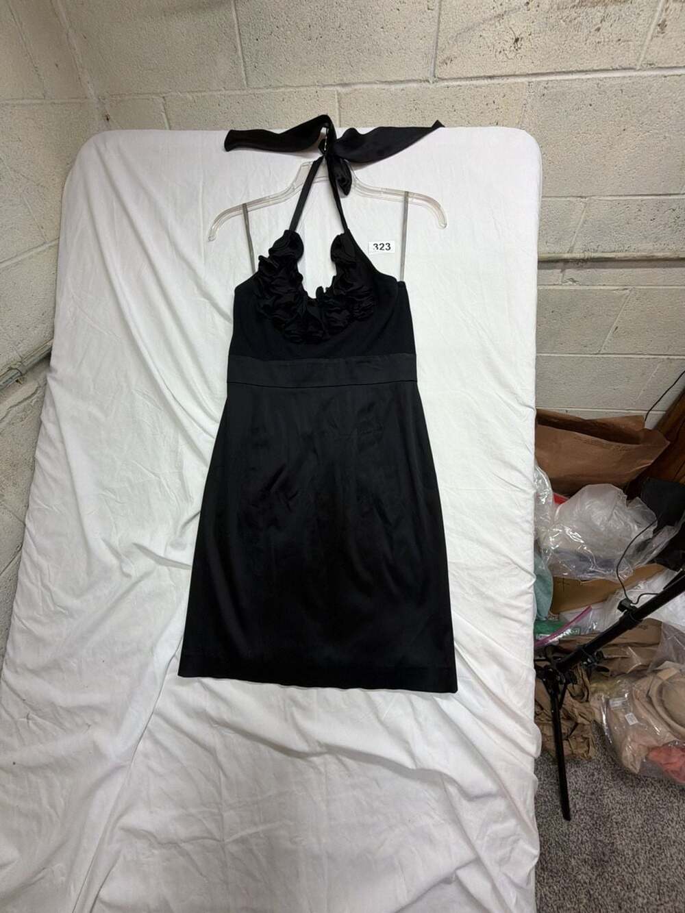 Taylor Black Halter Dress with Rosette Neckline and Satin Trim Size 4